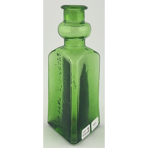 513 - FISHER SEAWEED EXTRACT BOTTLE. 5ins tall. Bright green glass, triangular body shape, featuring an ex... 