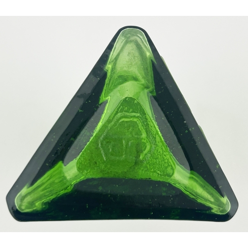 513 - FISHER SEAWEED EXTRACT BOTTLE. 5ins tall. Bright green glass, triangular body shape, featuring an ex... 