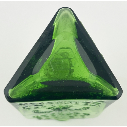 513 - FISHER SEAWEED EXTRACT BOTTLE. 5ins tall. Bright green glass, triangular body shape, featuring an ex... 