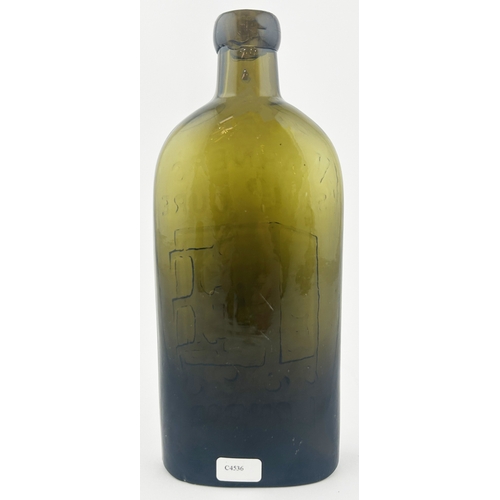 516 - LONDON HALF PINT WARNERS SAFE CURE BOTTLE. 7.25ins tall. Olive green/ brown glass. Familiar safe mot... 