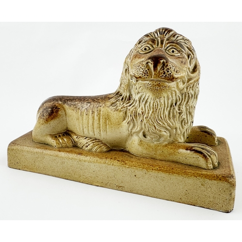 517 - BRAMPTON LIONS DUO. Rectangular base 8.2 x 3.5ins. Attractive well modelled pair of lions, each atop... 