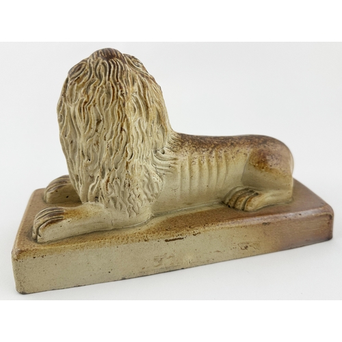 517 - BRAMPTON LIONS DUO. Rectangular base 8.2 x 3.5ins. Attractive well modelled pair of lions, each atop... 