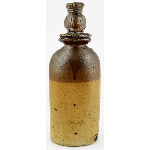 525 - ELIZABETH 1 REFORM FLASK. (RF p19). 7.6ins tall. T.t. salt glaze, fairly crude/ rough finish, mostly... 