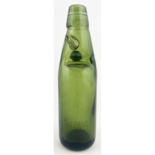 535 - THIRSK CODD BOTTLE. 9ins tall, 10oz capacity, mid green glass. Embossd W J WALKER cross in a diamond... 