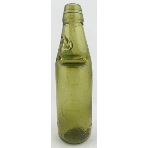 535 - THIRSK CODD BOTTLE. 9ins tall, 10oz capacity, mid green glass. Embossd W J WALKER cross in a diamond... 