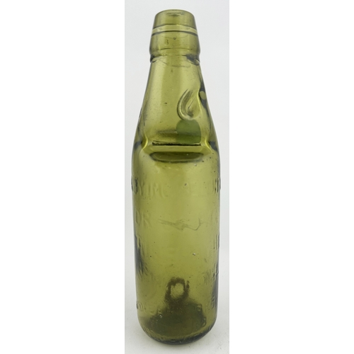 535 - THIRSK CODD BOTTLE. 9ins tall, 10oz capacity, mid green glass. Embossd W J WALKER cross in a diamond... 