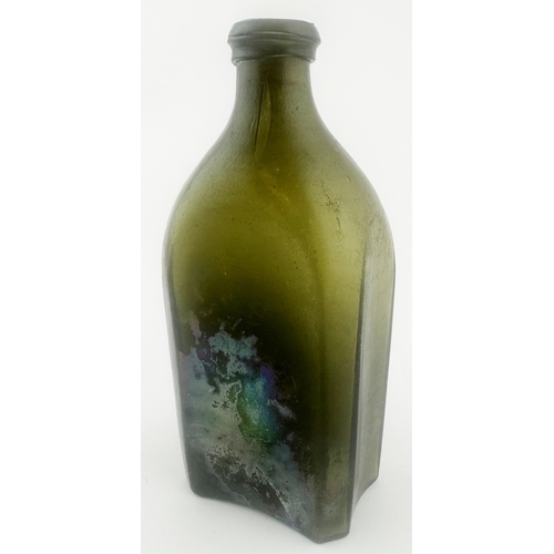 552 - OCTAGONAL UTILITY. 5.6ins tall. Absolutely wonderful, mid green glass (dull with colourful outer irr... 