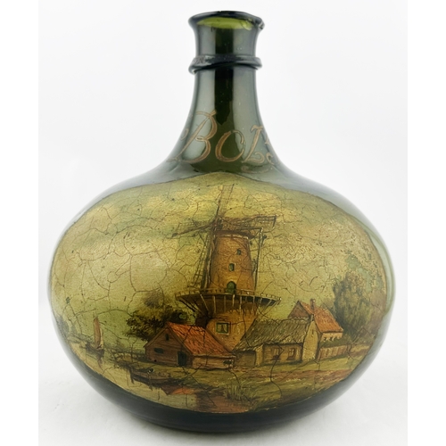 555 - PAINTED DUTCH WINDMILL SCENE BULBOUS BOLS BOTTLE. 10.3ins. Large bulbous bodied dark green bottle, t... 