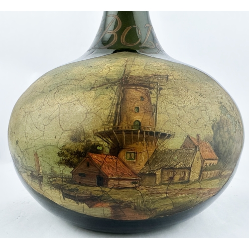 555 - PAINTED DUTCH WINDMILL SCENE BULBOUS BOLS BOTTLE. 10.3ins. Large bulbous bodied dark green bottle, t... 