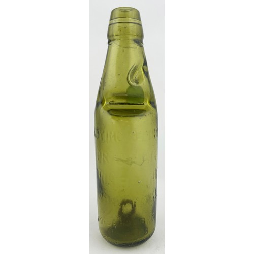 536 - WOMBWELL CODD BOTTLE. 9ins tall, 10oz capacity. Light olive green glass (amber tinge to it?). Emboss... 