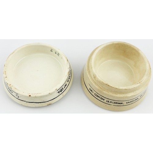 493 - SACAVEM CERAMIC CHRYSIS CREAM POT LID WITH BASE. (APL p525,86). 3.4ins diam. Black transfer with wri... 