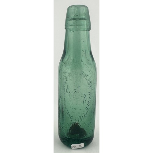 401 - BRADFORD PREMIER PATENT CODD BOTTLE. 7.5ins tall. A very dark aqua glass, veering toward turquoise -... 