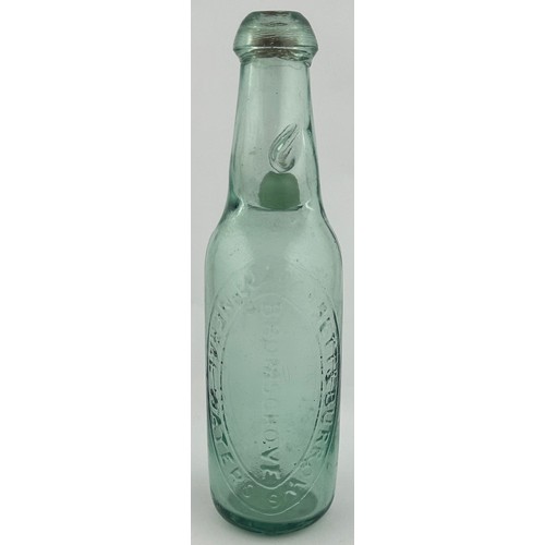 402 - BROMSGROVE CODDS PATENT BOTTLE. 9ins tall. Aqua, long neck, original rubber neck stopper, embossed C... 