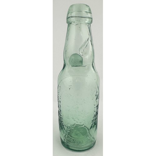 403 - KIDDERMINSTER CODDS PATENT BOTTLE. 7ins tall.  Aqua, heavily embossed, square/ flat base. W PAIN/ BR... 