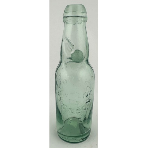 403 - KIDDERMINSTER CODDS PATENT BOTTLE. 7ins tall.  Aqua, heavily embossed, square/ flat base. W PAIN/ BR... 