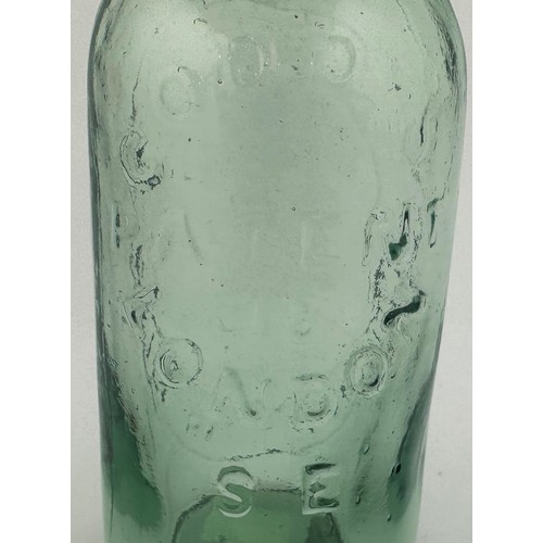 403 - KIDDERMINSTER CODDS PATENT BOTTLE. 7ins tall.  Aqua, heavily embossed, square/ flat base. W PAIN/ BR... 