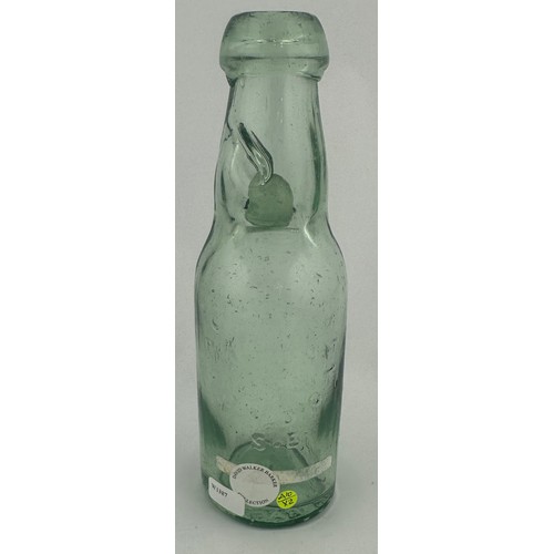 400 - HUDDERSFIELD CODDS PATENT 4 BOTTLE. 7ins tall. Aqua glass., thick blobby lip, wonderful flat/ square... 