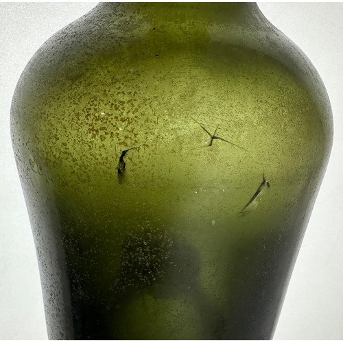 146 - BLACK GLASS GROUP. Tallest 11ins. Sealed, INNER TEMPLE & gin bottle, one plain. Base pontils. Body d... 