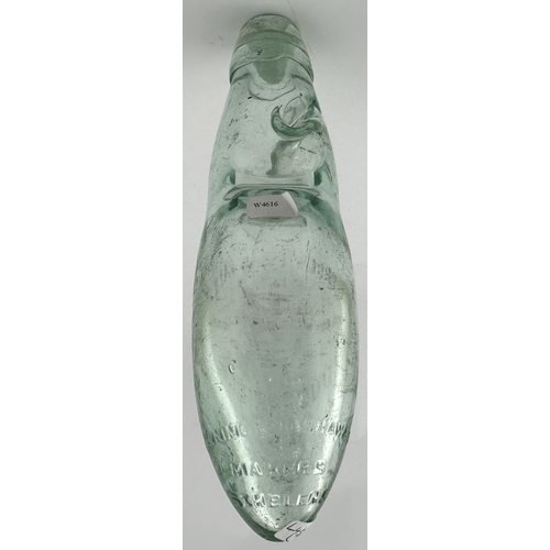 15 - STOURBRIDGE & BROMSGROVE HYBRID BOTTLE. 7.8ins long, aqua glass. COREBETT & WYATT above a large pest... 