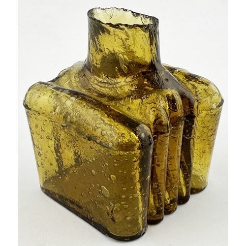 27 - BIRMINGHAM FLUTED INK BOTTLE. 2.2ins tall. Light amber, sheared lip. Letters HW embossed to base. Th... 