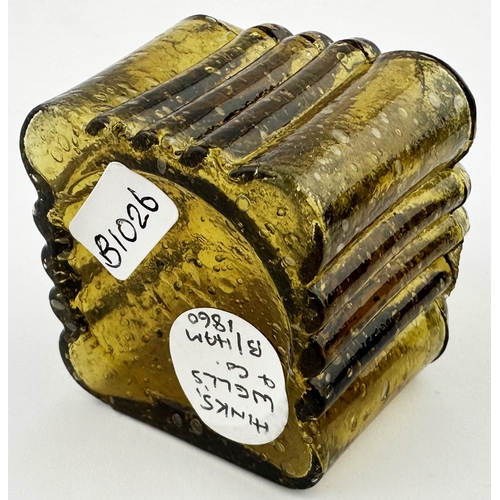 27 - BIRMINGHAM FLUTED INK BOTTLE. 2.2ins tall. Light amber, sheared lip. Letters HW embossed to base. Th... 