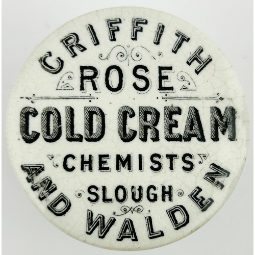 117 - SLOUGH POT Lid WITH BASE. 2.4ins diam. Black transfer of strong black writing no gold band like in A... 