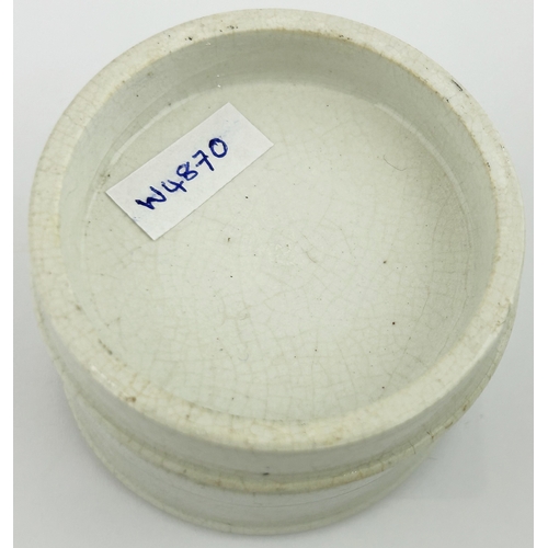 117 - SLOUGH POT Lid WITH BASE. 2.4ins diam. Black transfer of strong black writing no gold band like in A... 