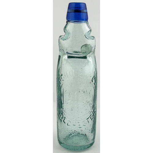 161 - COLCHESTER CBLUE LIP CODD BOTTLE. 9ins tall, aqua glass, bright blue lip. 10oz Reliance Patent codd ... 