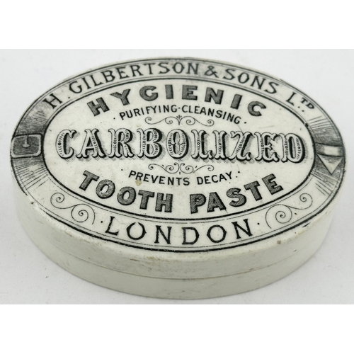 60 - LONDON TOOTH PASTE POT LID WITH BASE. (APL p299, 20a) 3.25ins x 2.25ins diam. Oval shape black trans... 