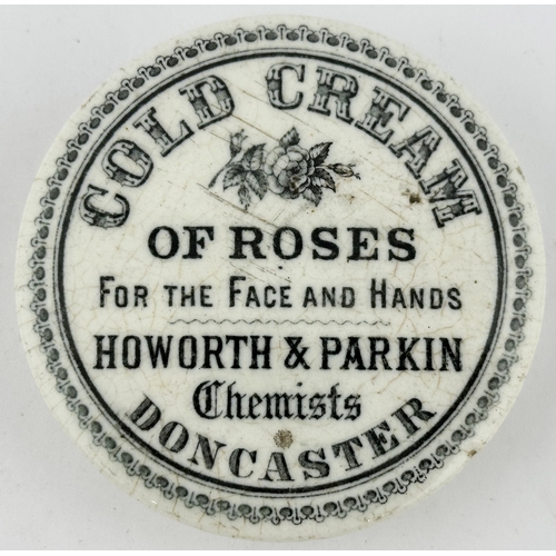 62 - DONCASTER COLD CREAM POT LID. (APL p688,223a) 3ins diam. Black transfer for COLD CREAM/ OF ROSES/ HO... 