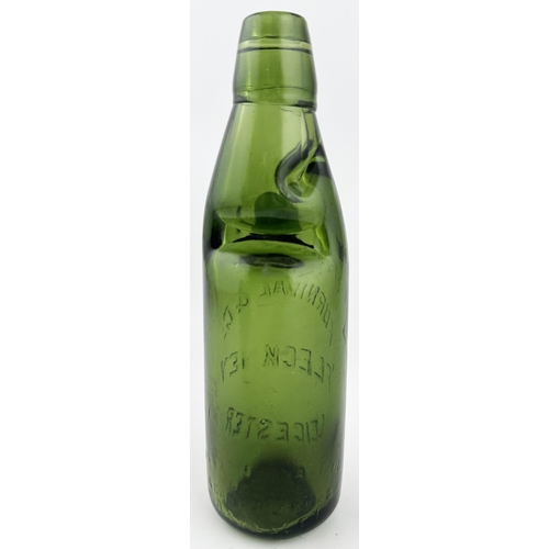 105 - FURNIVAL & CO FLECKNEY LEICESTER GREEN GLASS CODD BOTTLE. 8.9ins tall, 10oz capacity, dark green gla... 