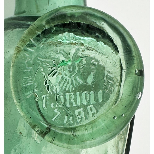 109 - MINIATURE ZARA SEAL BOTTLE.5.3ins tall. Delightful turquoise-aqua familiar square bodied glass tolle... 
