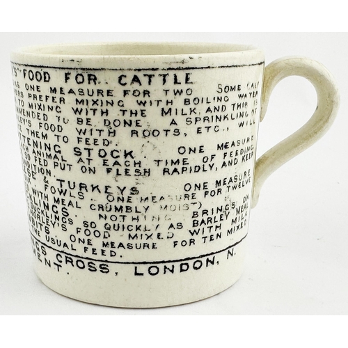 115 - THORLEYS ANIMAL FEED MUG. 3ins high. Off white straight sided mug with crudely applied side handle. ... 