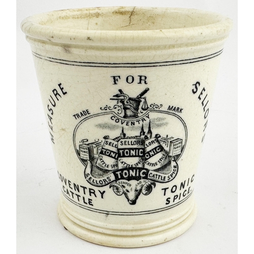 116 - SELLORS COVENTRY CATTLE SPICE MEASURING BEAKER. 3.2ins tall. Tapering inwards to bottom, handless be... 