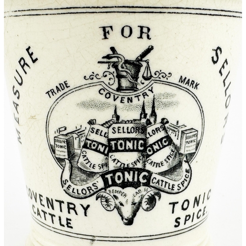 116 - SELLORS COVENTRY CATTLE SPICE MEASURING BEAKER. 3.2ins tall. Tapering inwards to bottom, handless be... 