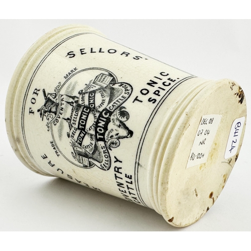 116 - SELLORS COVENTRY CATTLE SPICE MEASURING BEAKER. 3.2ins tall. Tapering inwards to bottom, handless be... 