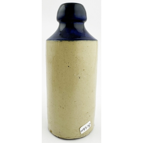 64 - STALYBRIDGE GINGER BEER BOTTLE. 6.6ins tall, std, t.t., blop top, cork still in place. Dark blue top... 