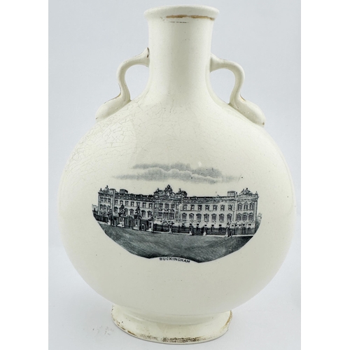 73 - LEICESTER FURNISHERS QUEEN VICTORIA GOLDEN JUBILEE COMMEMORATIVE FLASK. 9.2ins tall. White, black tr... 