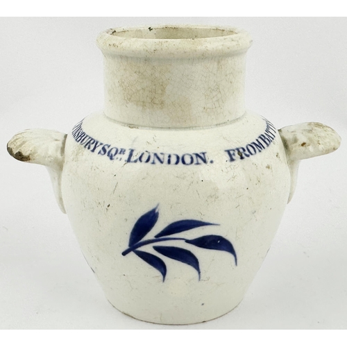74 - BATTYS OIL & ITALIAN WAREHOUSE JAR. 3.6ins tall. Dark blue transfer PATENT MUSTARD. FINSBURY SQR/ LO... 