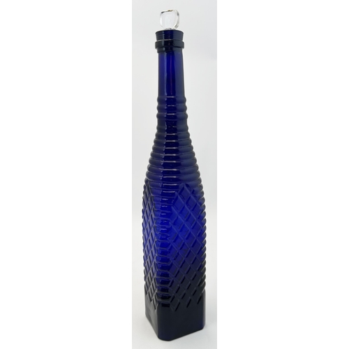 76 - GRIMBLE VINEGAR BOTTLE. 18.9ins tall. Cobalt blue body, original, bevel edged, clear glass, chisel s... 