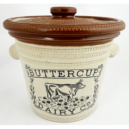 77 - BUTTERCUP DAIRY CO CROCK WITH LID. 6.7ins tall. Dark brown top, two side handles, black transfer. 3l... 