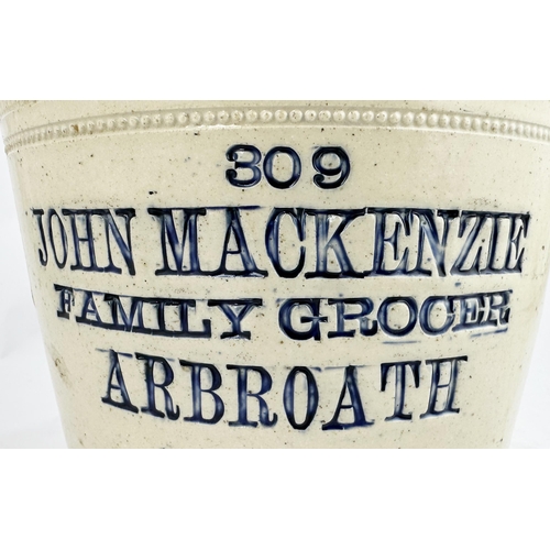 79 - JOHN MACKENZIE ARBROATH BUTTER CROCK WITH LID. 7.2ins diam. Tan top, 4 blue impressed lines: 309/ JO... 
