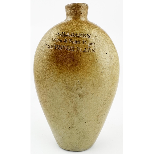 82 - EARLY LONDON PUB NAMED SPIRIT FLASK. 8.5ins tall, round shouldered lozenge shape, oval base. Gorgeou... 