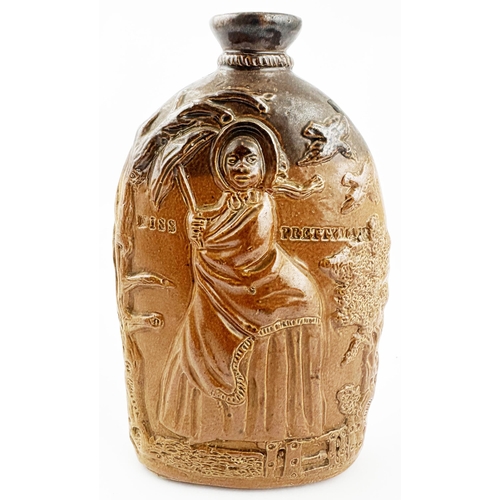 84 - MR & MRS CAUDLE SPIRIT FLASK. 8.1ins tall, t.t. salt glaze, one side much darker (superb!) than the ... 