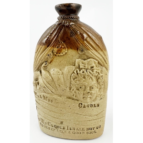 84 - MR & MRS CAUDLE SPIRIT FLASK. 8.1ins tall, t.t. salt glaze, one side much darker (superb!) than the ... 
