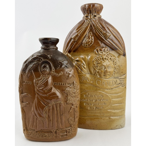 84 - MR & MRS CAUDLE SPIRIT FLASK. 8.1ins tall, t.t. salt glaze, one side much darker (superb!) than the ... 