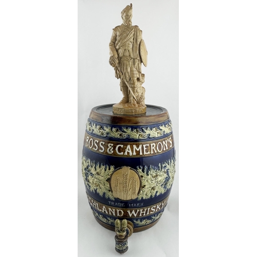 91 - ROSS & CAMERONS WHISKY BARREL WITH HIGHLANDER STOPPER. WG p246. Approx 22ins tall to top of stopper ... 