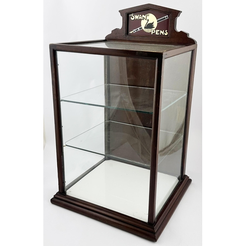 95 - SWAN PENS SHOP DISPLAY CABINET. 20.2 tall, base 11.3 x . A most attractive small size polished wood ... 
