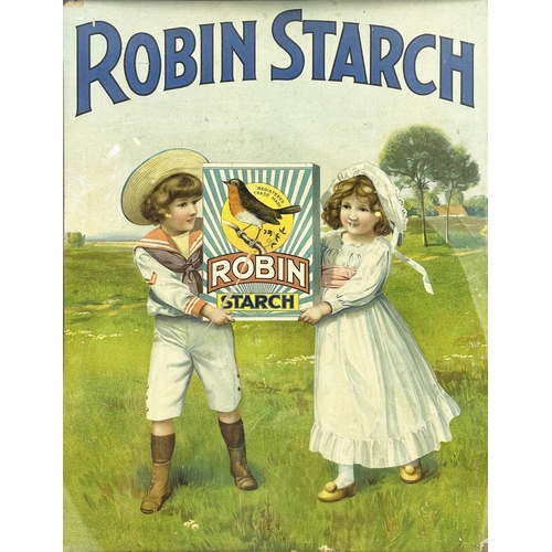 96 - ROBIN STARCH FRAMED SHOWCARD. Outer wooden frame 19.2 x 23ins. Appealing multi coloured image of 2 p... 