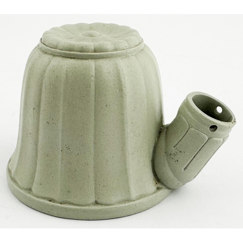 117 - PARIAN TEAKETTLE INK BOTTLE. 2.3ins tall. Matt light blue overall glazed fluted body, knob in centre... 